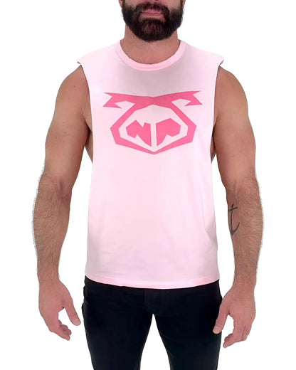 Pink sleeveless muscle tank top with bold geometric pink logo on chest nasty pig snout shredder size l