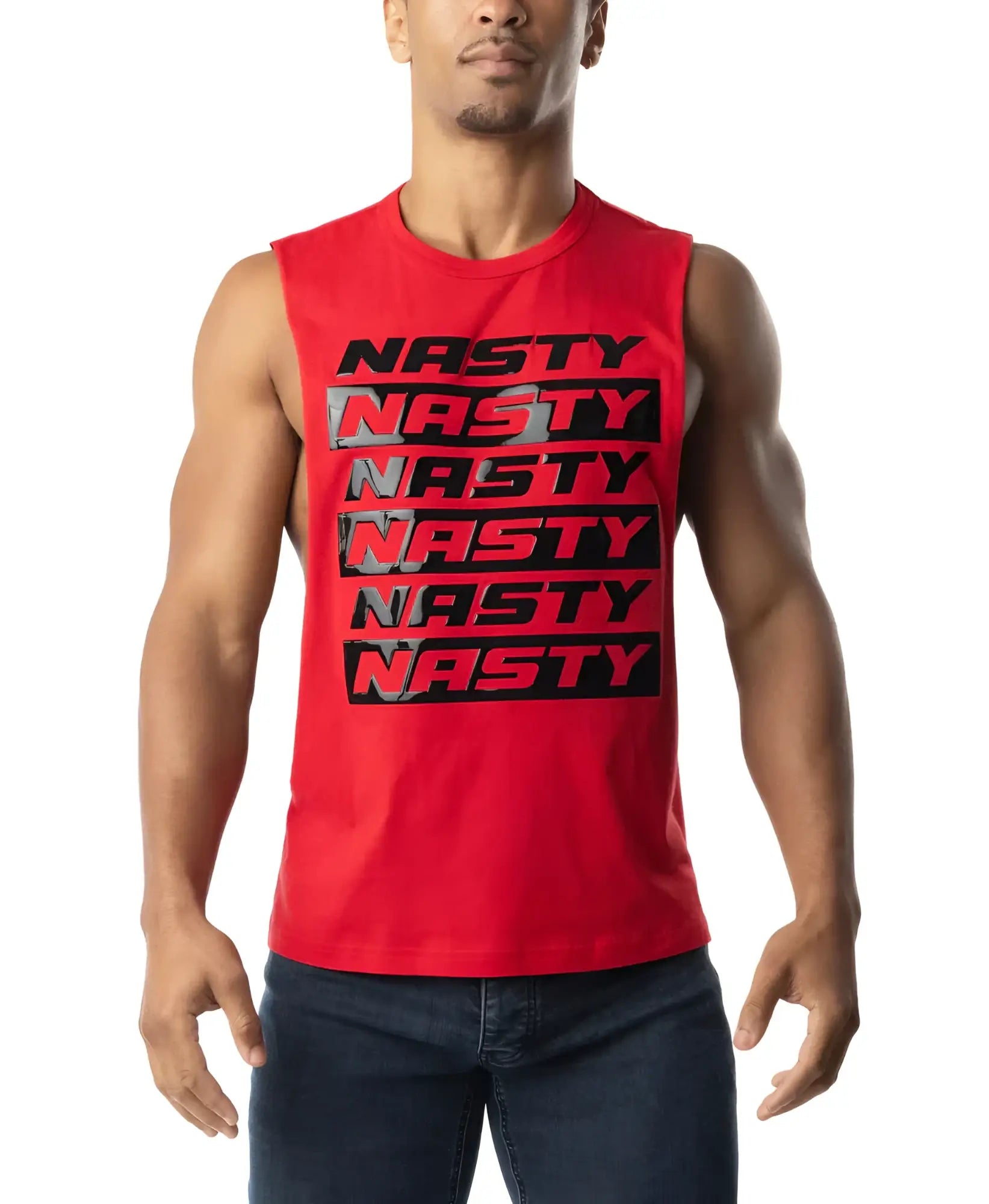 Red sleeveless muscle tank top with bold black nasty text repeated in stacked rows across the chest