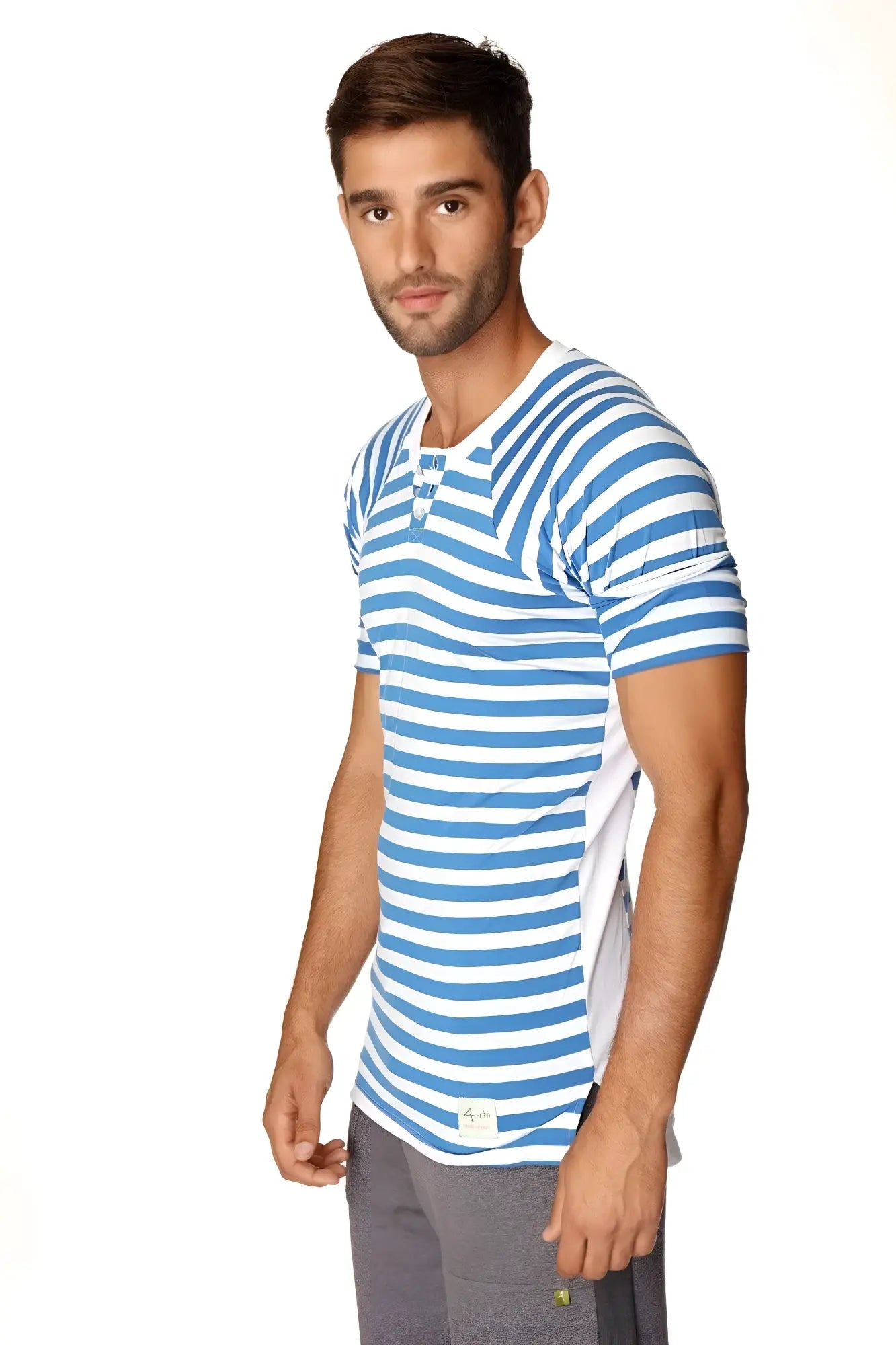 Blue and white striped short-sleeved henley shirt with buttoned placket nautical raglan resort tee