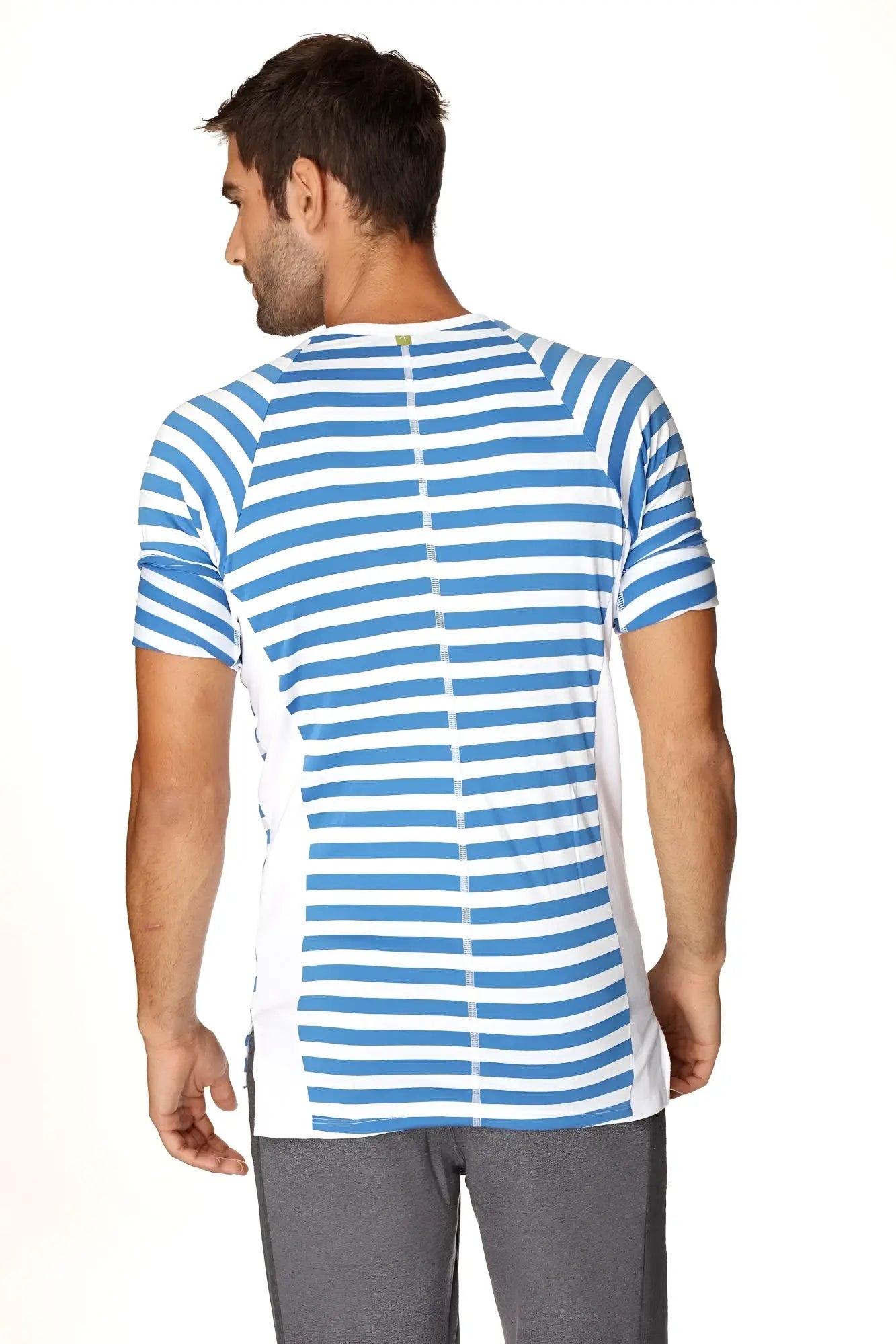 Back view of nautical raglan resort henley tee in blue and white striped short-sleeved athletic fabric with zipper