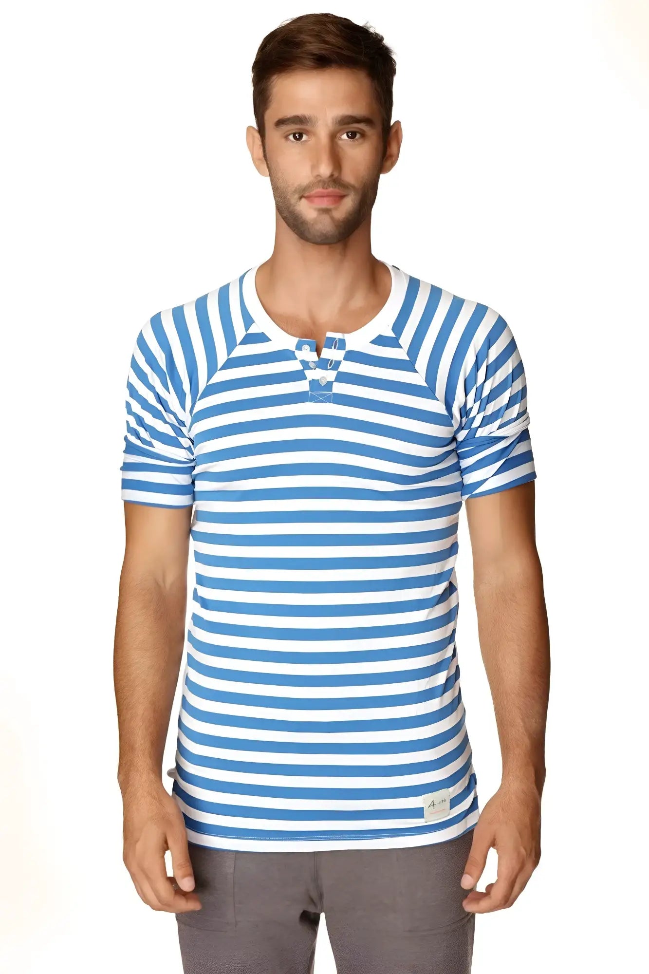 Blue and white stripe short-sleeved henley shirt with buttoned placket nautical raglan resort tee
