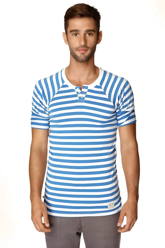 Blue and white stripe short-sleeved henley shirt with buttoned placket nautical raglan resort tee