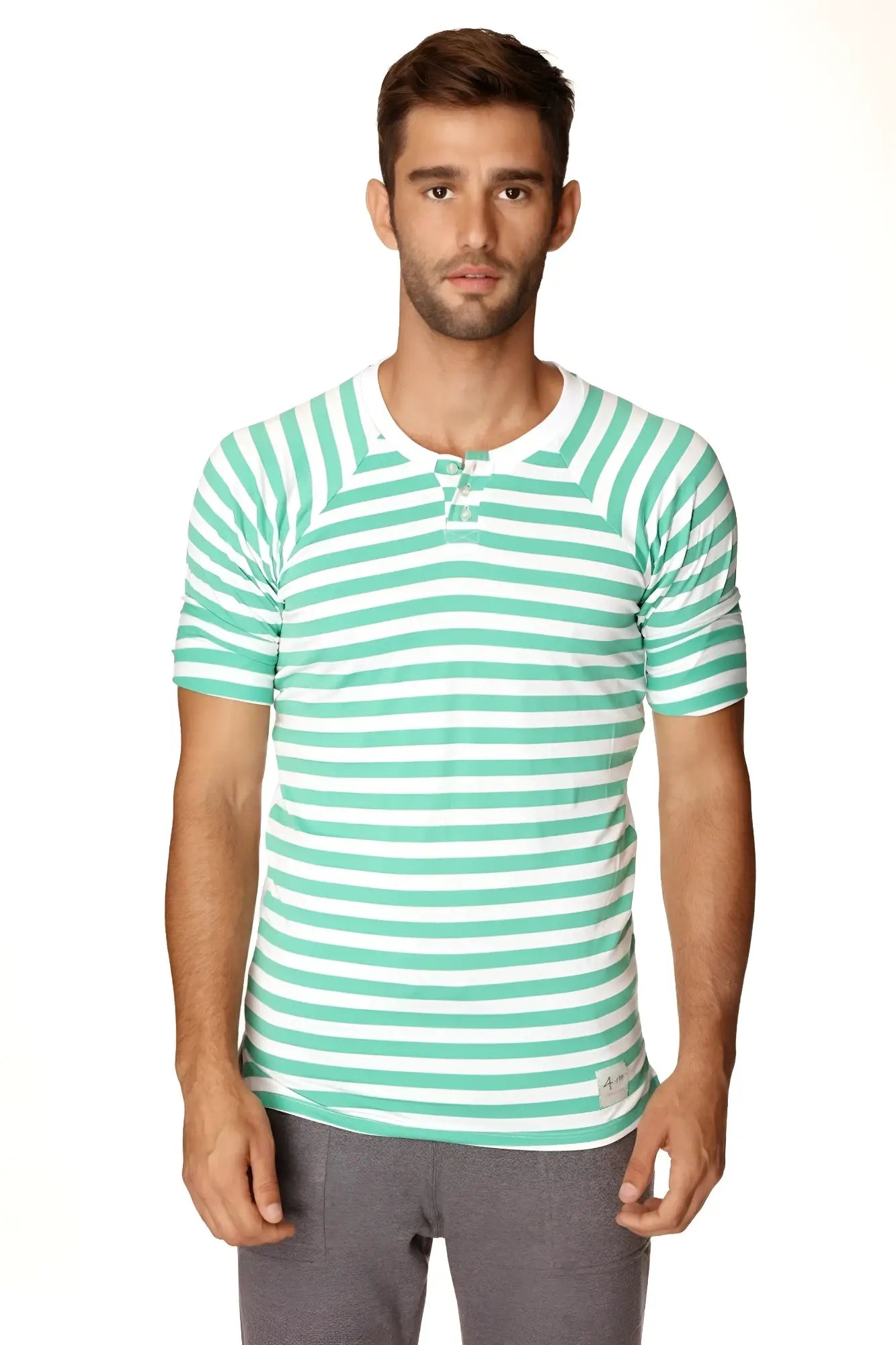 A men’s short-sleeved henley shirt with mint green and white stripes and a buttoned placket neckline