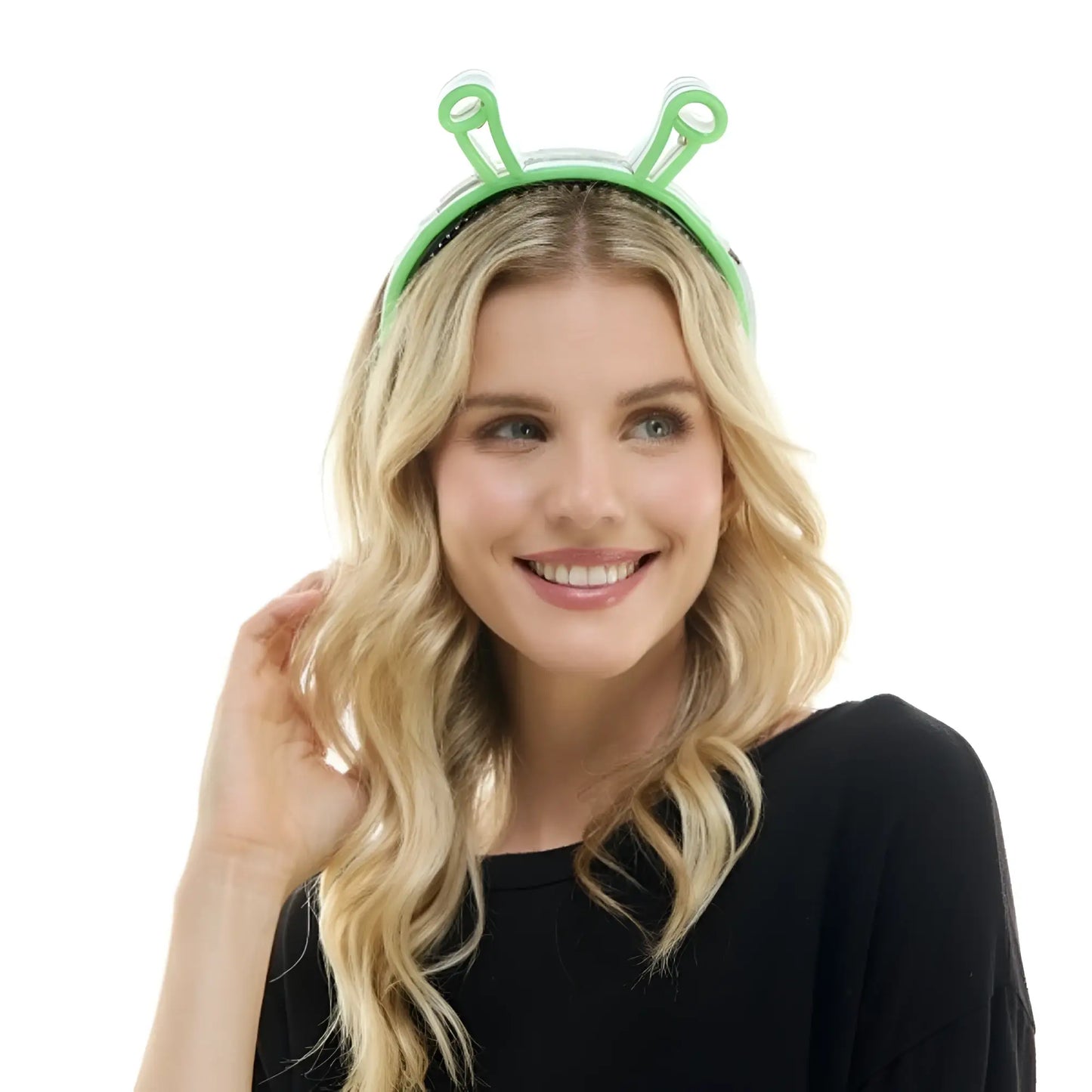 Neon alien headband with bright green plastic alien design featuring two antennae for fun costume wear