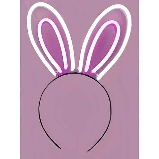 Purple neon bunny ears headband with glowing white outlines for vibrant party and festival wear