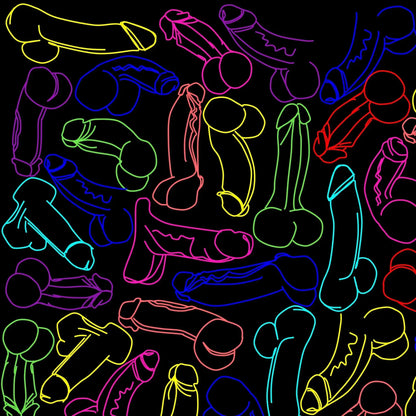 Neon cocks tank top featuring neon-colored outlined male genitalia patterns on a black background front view