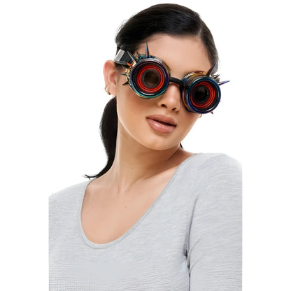 Neon light up goggles with red and black circular lenses and metallic steampunk frames adorned with sharp spikes