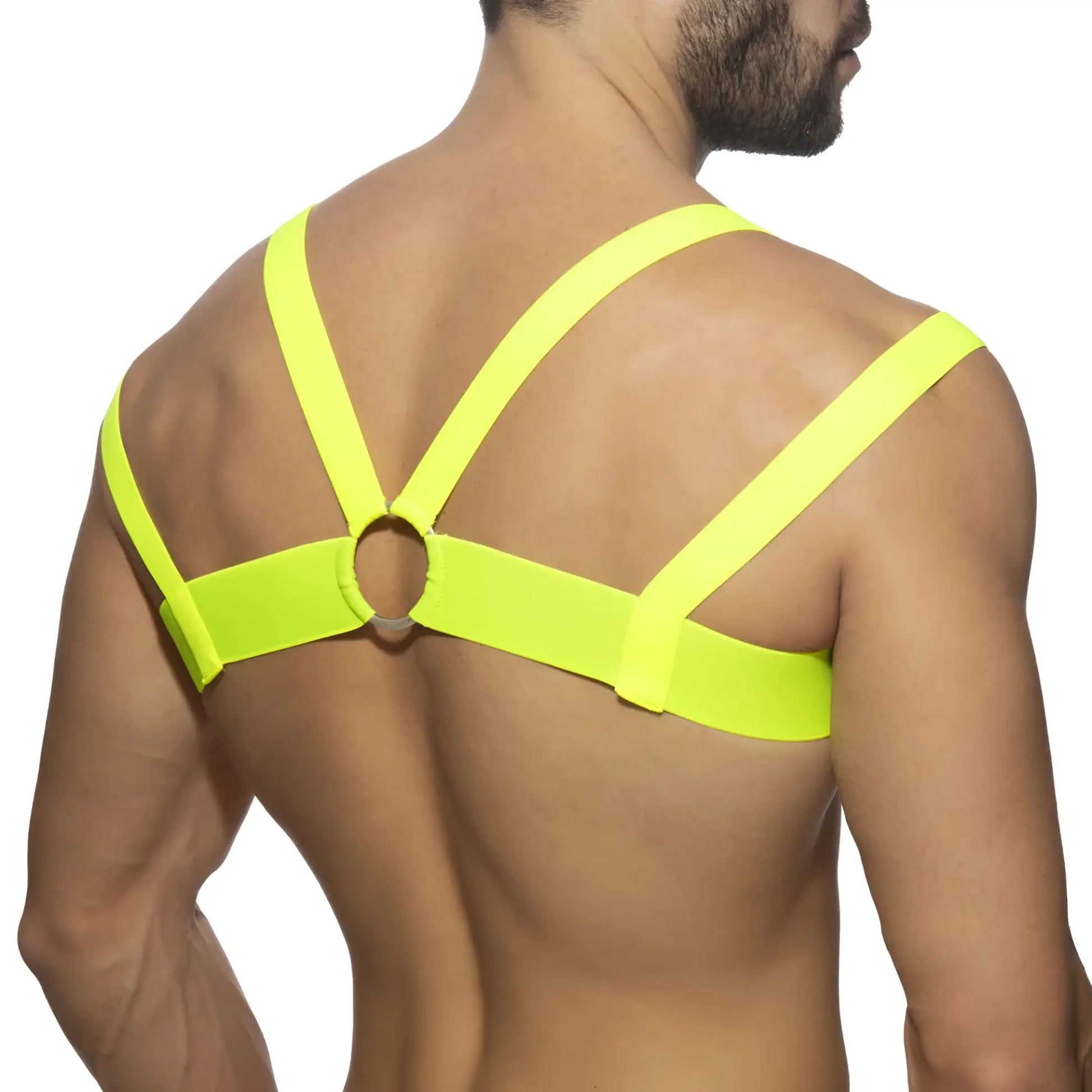 Neon multi band harness featuring neon yellow elastic straps and a central circular ring for adjustable fit