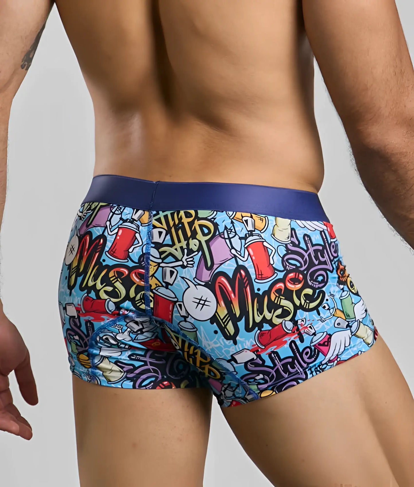 New malebasics trunk hipster blue boxer briefs with vibrant graffiti print featuring spray cans drums and music text