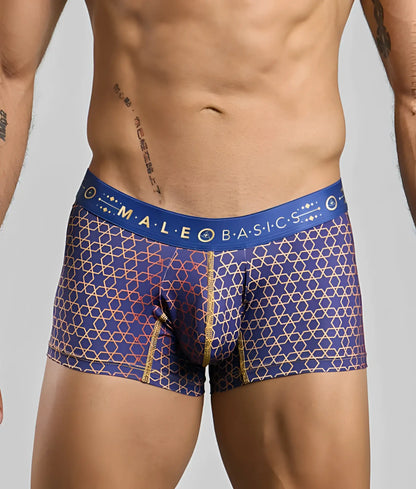 New malebasics trunk hipster men’s boxer briefs in blue and gold pattern with branded elastic waistband