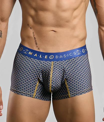 New malebasics trunk hipster men’s boxer briefs in blue and gray honeycomb pattern with bold blue waistband