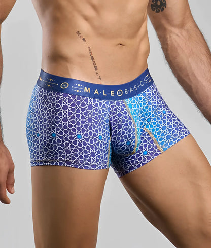 New malebasics trunk hipster blue patterned men’s boxer briefs with geometric design gold accents and maleo basics waistband