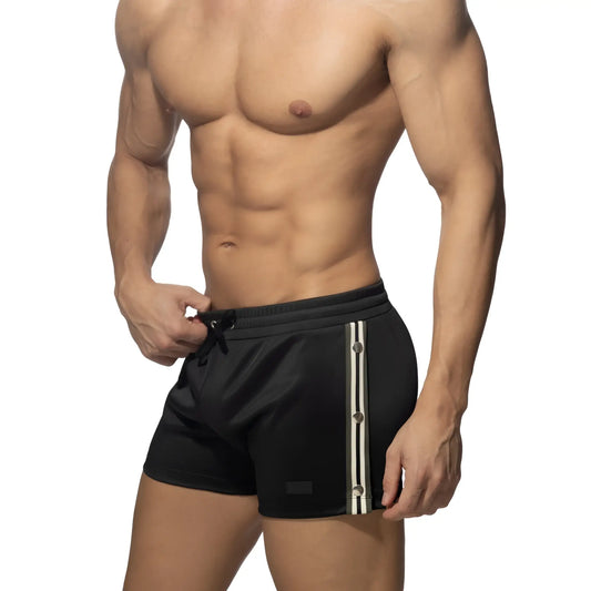 Nexus button shorts black athletic shorts with white and gray vertical stripes and drawstring waistband