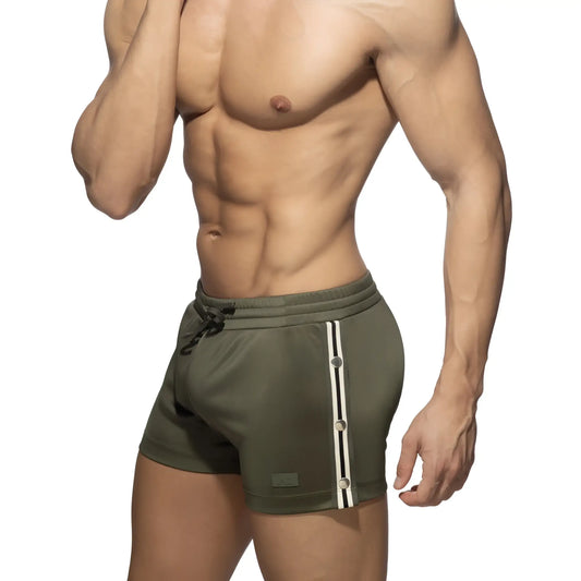 Olive green nexus button shorts with white and black vertical stripes silver buttons and drawstring waistband
