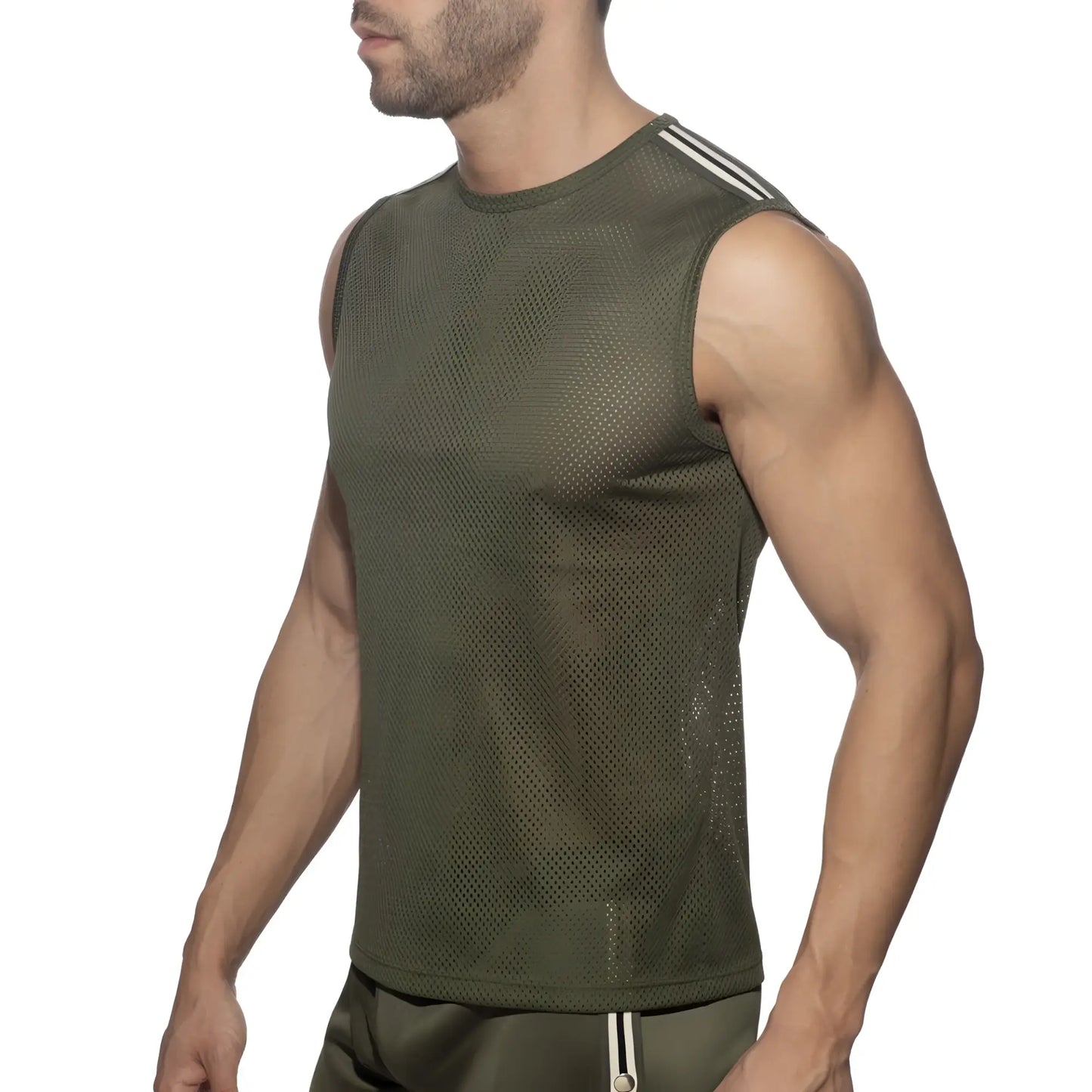 Olive green nexus mesh tank top with sleeveless design and three white stripes on shoulder for athletic wear