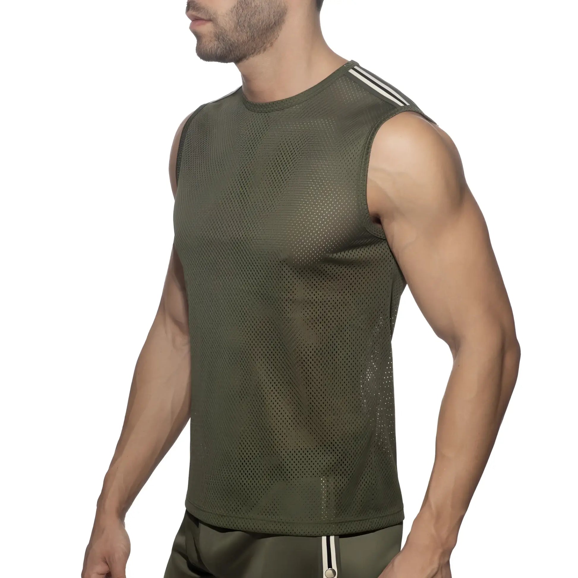 Olive green nexus mesh tank top with sleeveless design and three white stripes on shoulder for athletic wear