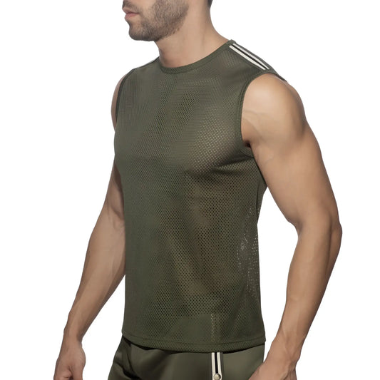 Olive green nexus mesh tank top with sleeveless design and three white stripes on shoulder for athletic wear