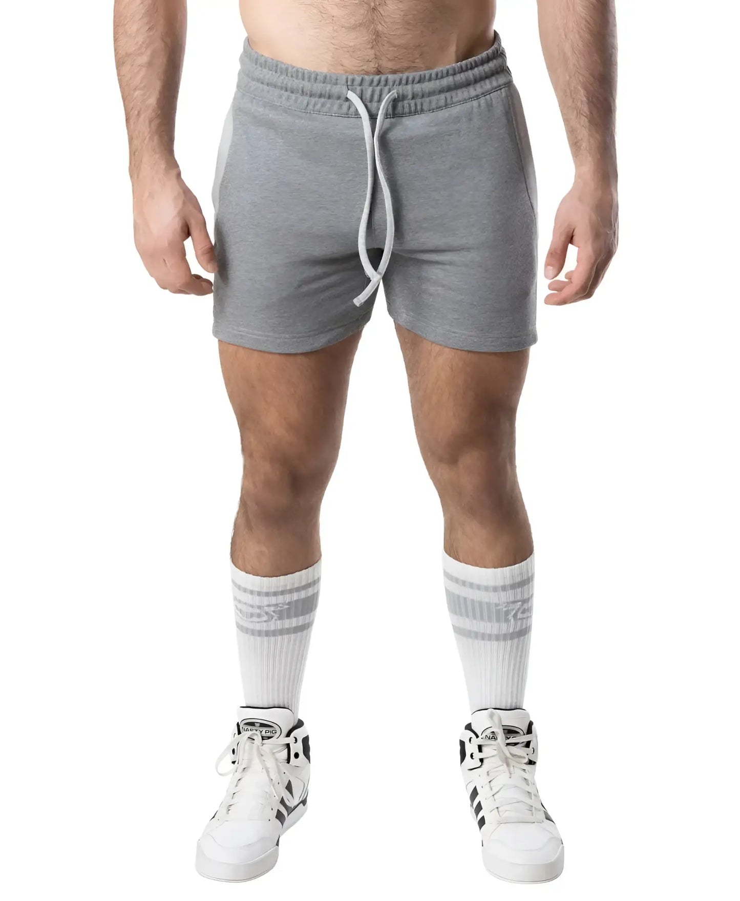 Gray heathered nexus rugby short sweatshorts with drawstring waistband and side pockets for casual comfort