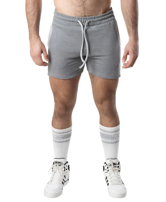 Gray heathered nexus rugby short sweatshorts with drawstring waistband and side pockets for casual comfort