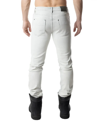 Light gray slim-fit denim jeans with subtle faded wash and black leather belt loop from NP Jean bleached collection