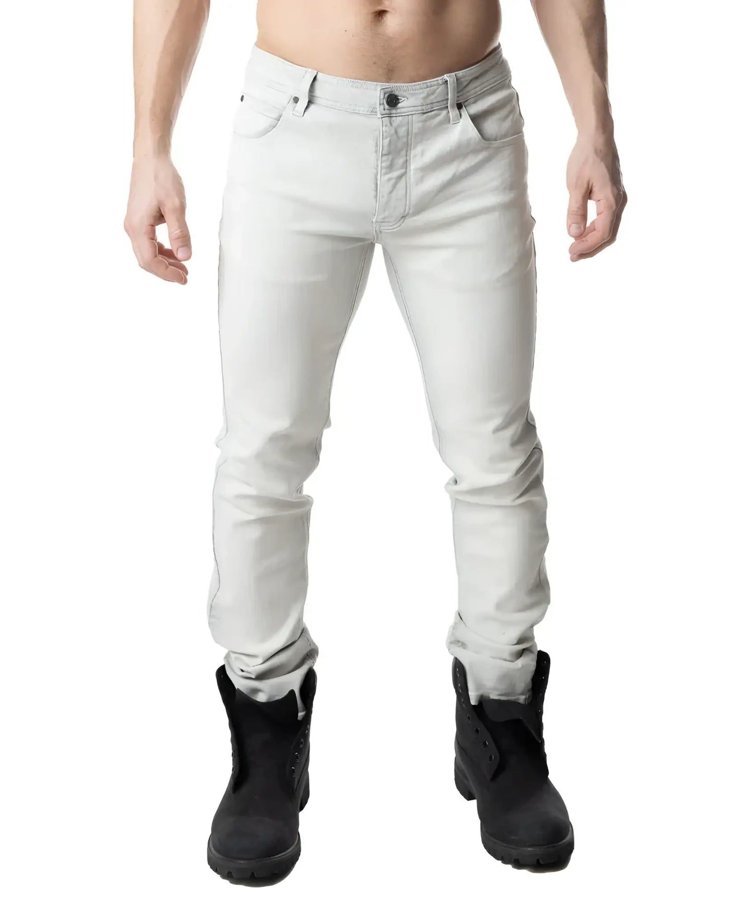 Light gray slim-fit denim jeans with rolled cuffs and classic five-pocket design in bleached style