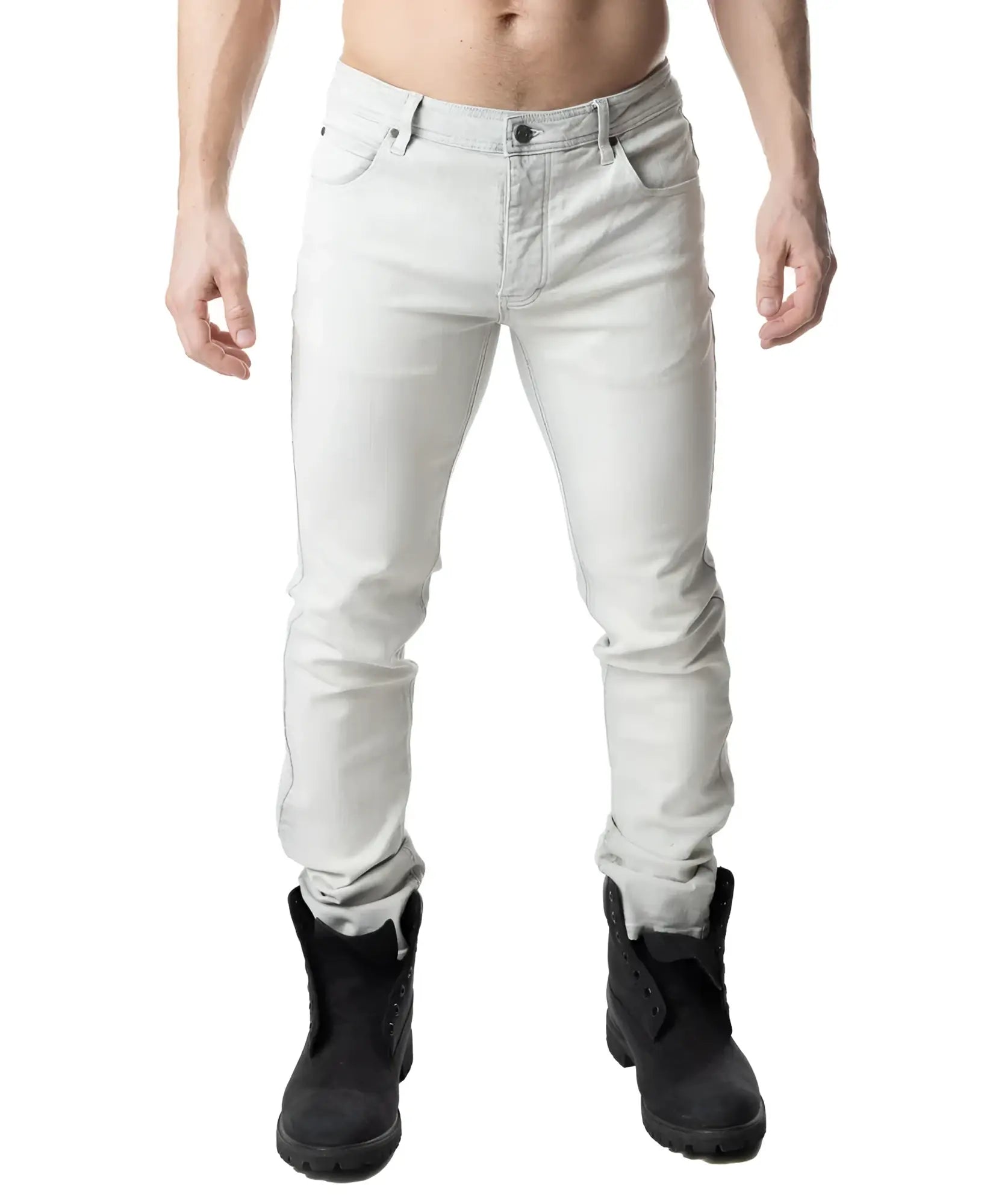 Light gray slim-fit denim jeans with rolled cuffs and classic five-pocket design in bleached style
