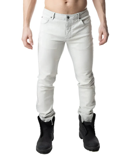 Light gray slim-fit denim jeans with rolled cuffs and classic five-pocket design in bleached style