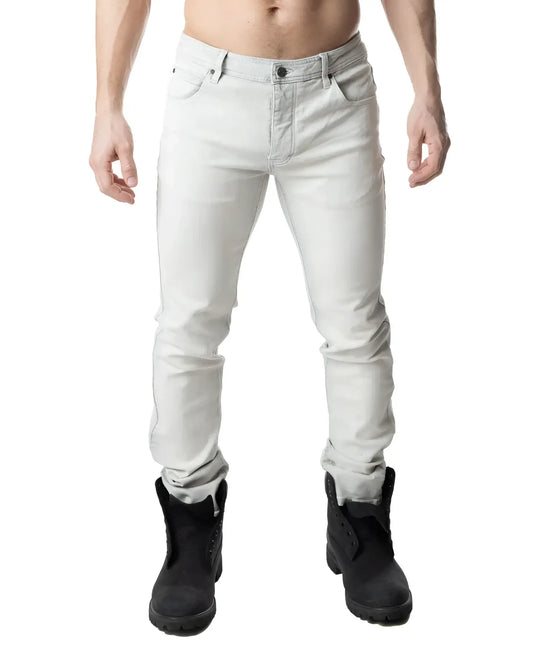 Light gray slim-fit denim jeans with rolled cuffs and classic five-pocket design in bleached style
