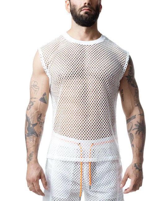 Front view of a white, wide-net mesh sleeveless shirt with a crew neck and orange drawstring trim at the hem.