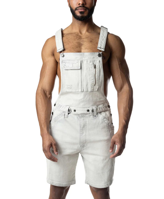 Bleached denim overall shorts with front bib pockets and metal hardware, shown from the waist up.