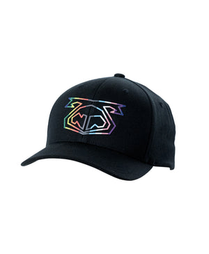 Black baseball cap with an embroidered rainbow pig snout logo on the front.