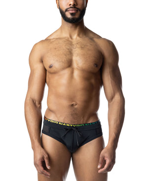 Black bikini swimwear with a rainbow-colored waistband and drawstring tie.