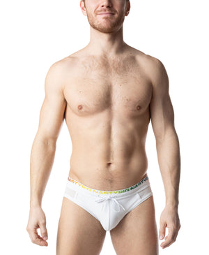 White bikini swimwear with a multicolored rainbow waistband and drawstring, shown from the front.