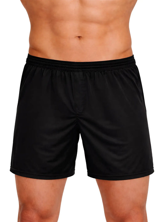 Black nylon active boxer shorts with stretchy elastic waistband and smooth lightweight fabric for athletic wear
