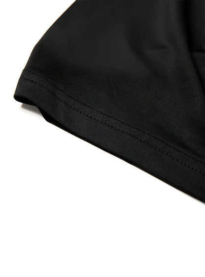 Black cotton t-shirt with neatly stitched hem shown with nylon active underwear boxer shorts for comfort and durability