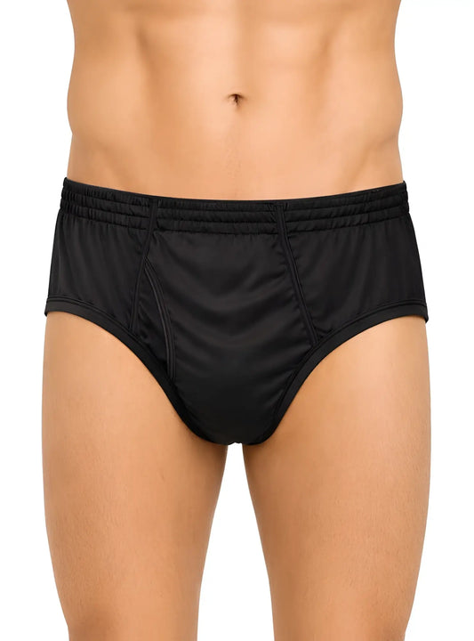Black nylon active athletic briefs with smooth stretchy fabric and elastic waistband for comfortable support