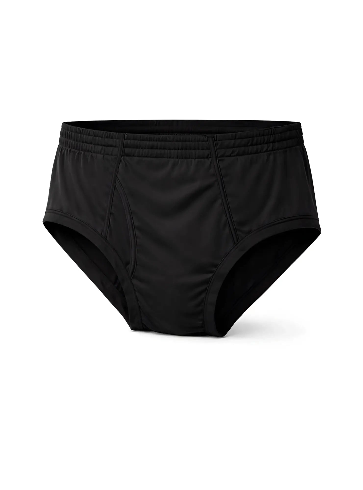 Black men’s nylon plus active briefs with elastic waistband and smooth form-fitting fabric showing front side