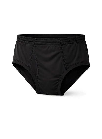 Black men’s nylon plus active briefs with elastic waistband and smooth form-fitting fabric showing front side