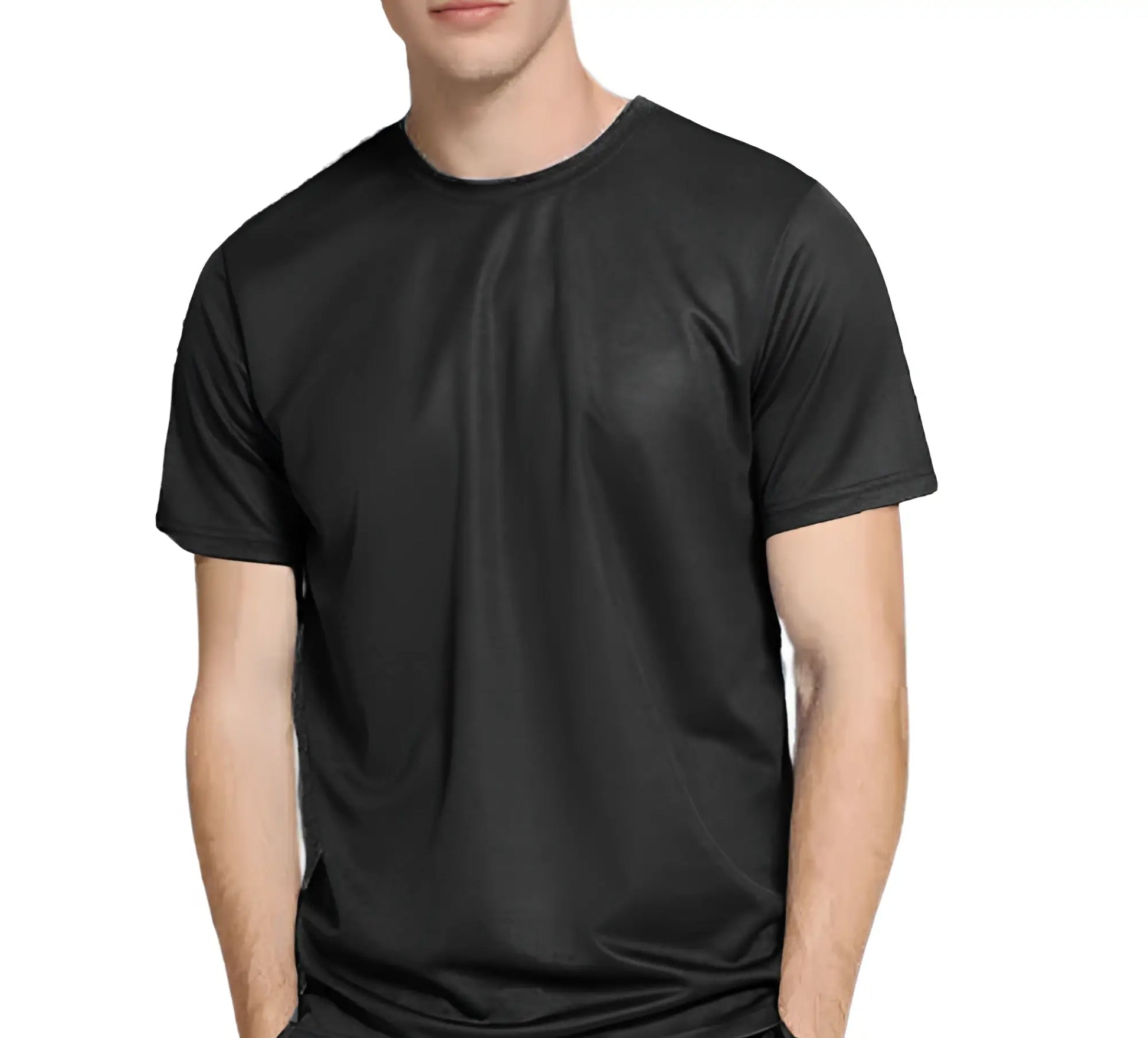 Black short-sleeved crew neck t-shirt made of smooth lightweight nylon fabric designed for active underwear use