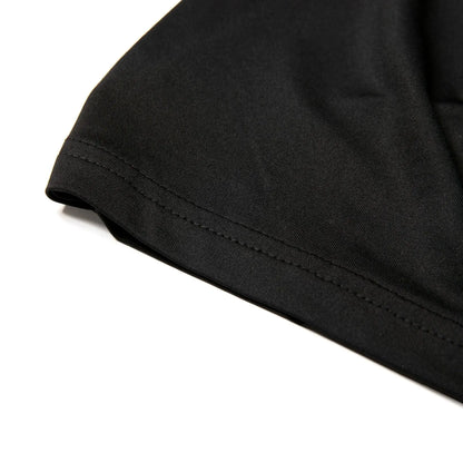 Black nylon active tank top sleeve with neatly stitched hem made for comfortable activewear use