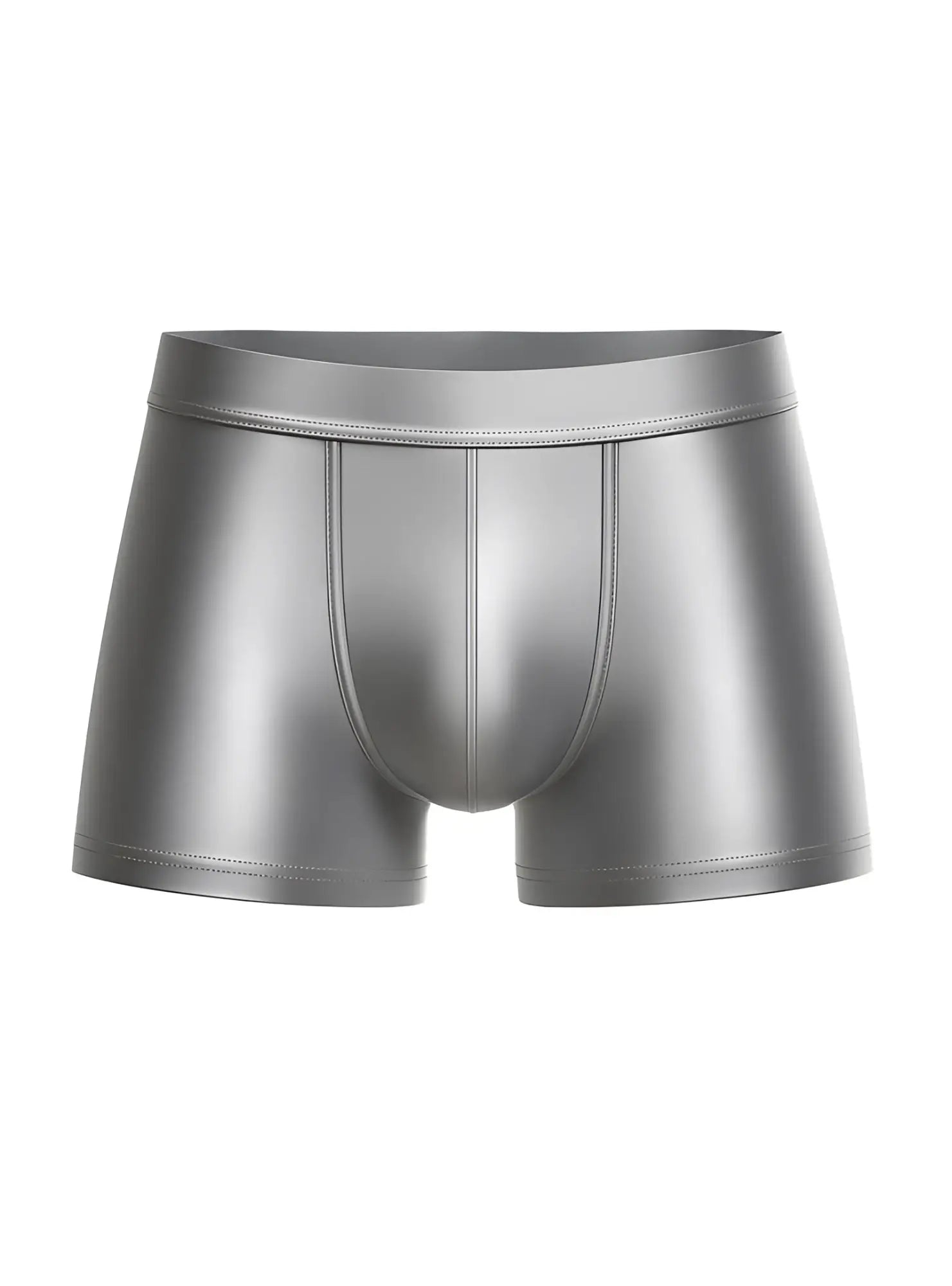 Shiny metallic silver nylon luxury trunk briefs with sleek form-fitting design and subtle stitching details