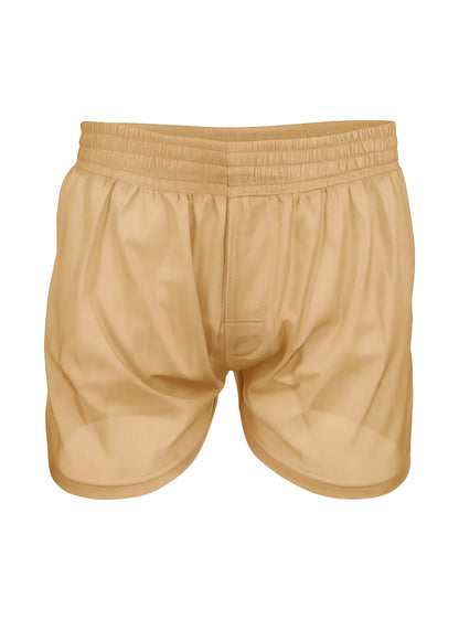 Beige nylon tricot boxer shorts with elastic waistband made of smooth lightweight fabric for athletic use