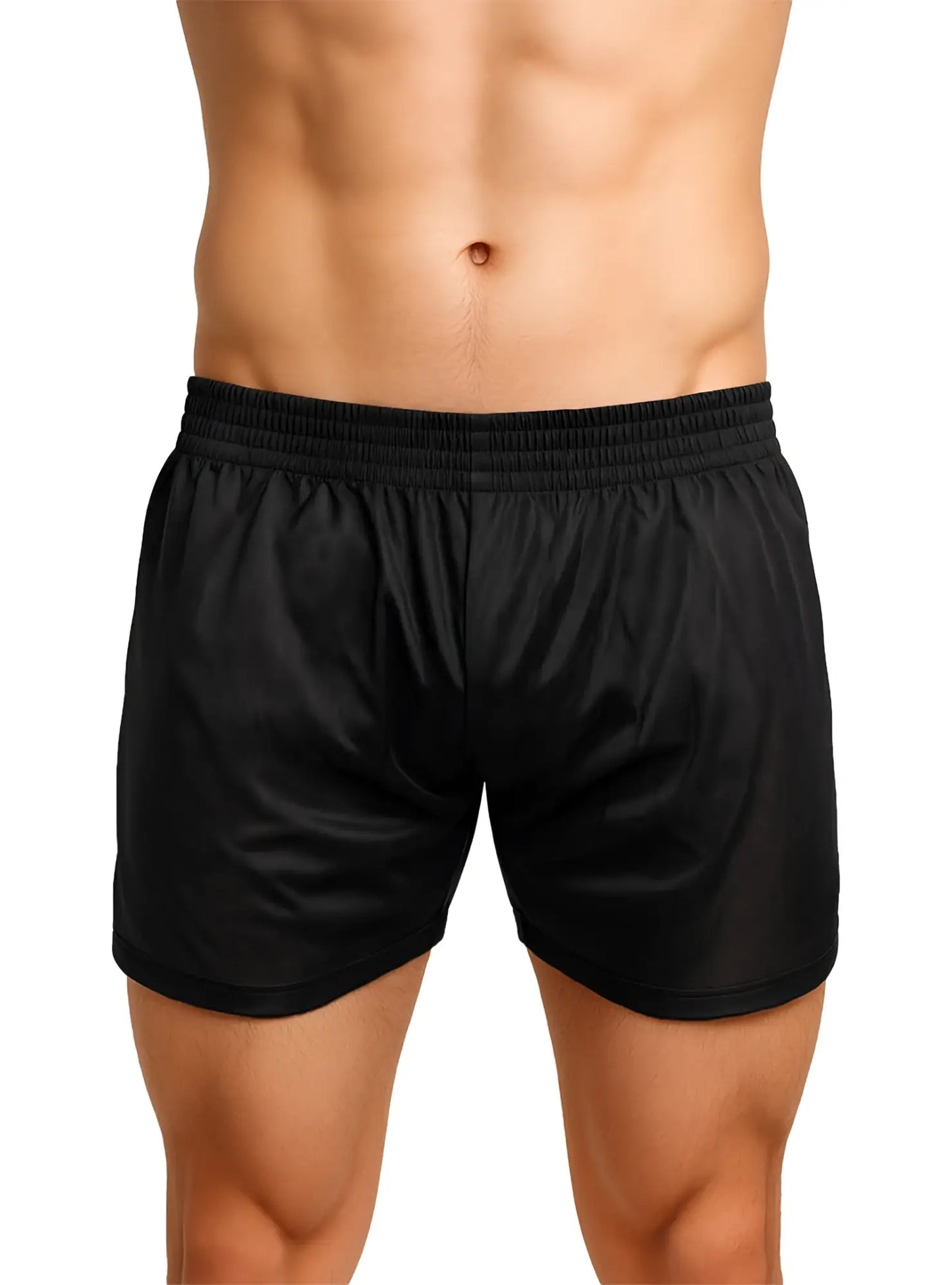 Black nylon tricot boxer shorts with smooth shiny fabric and elastic waistband for athletic use