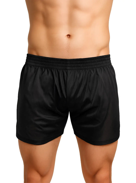 Black nylon tricot boxer shorts with smooth shiny fabric and elastic waistband for athletic use