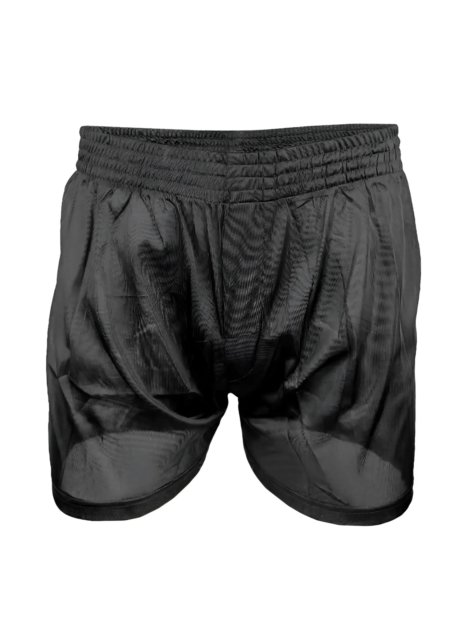 Black nylon tricot boxer shorts with a textured shiny fabric and elastic waistband for athletic use