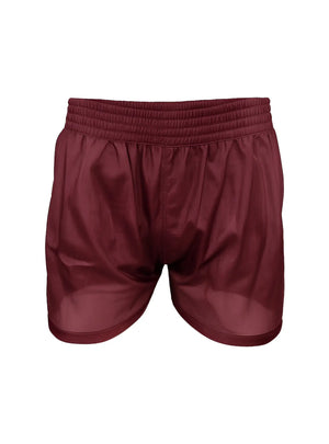 Maroon nylon tricot boxer shorts with elastic waistband and smooth shiny fabric ideal for athletic use