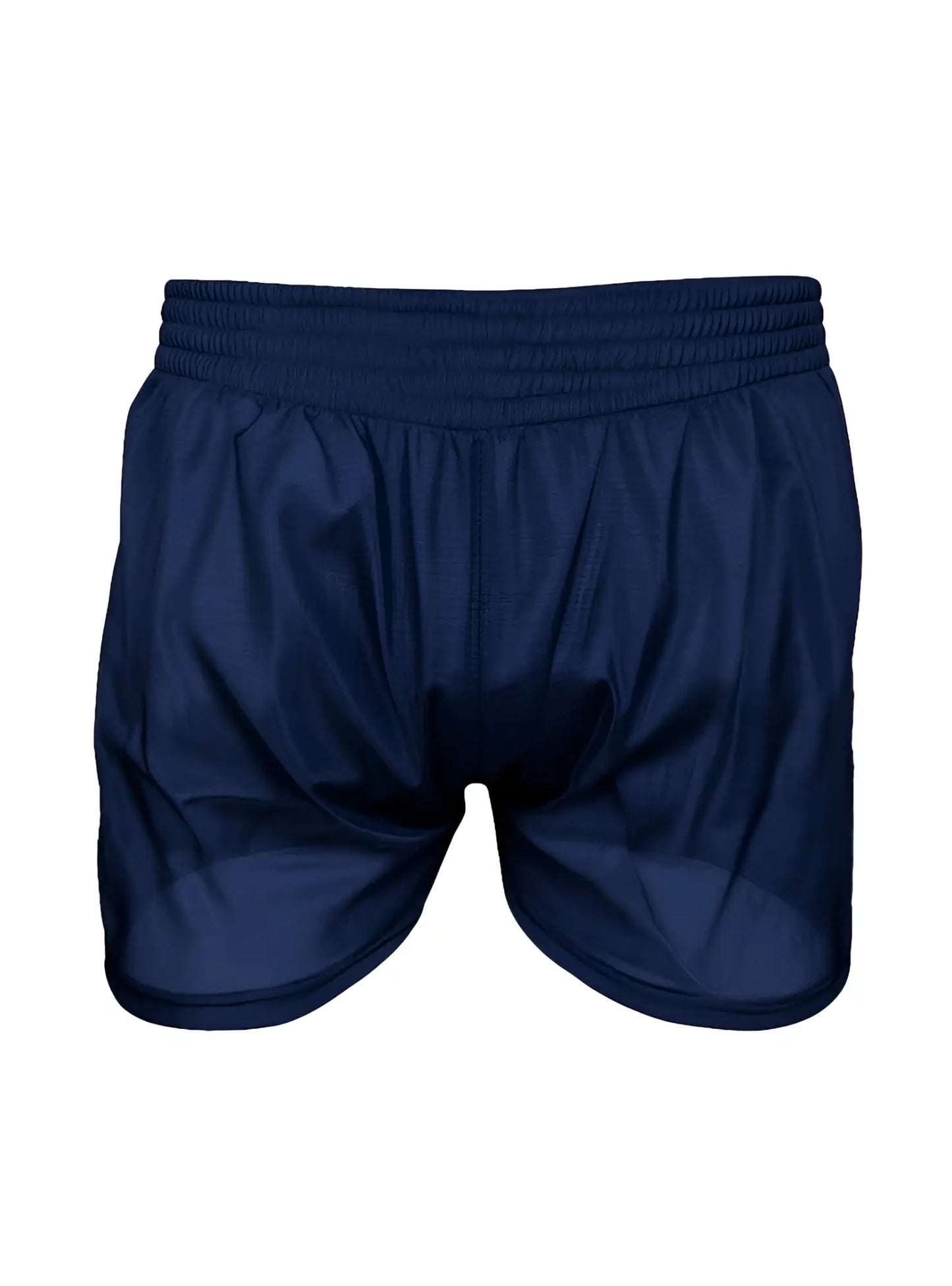 Navy blue nylon tricot boxer shorts with elastic waistband and smooth lightweight fabric for athletic use
