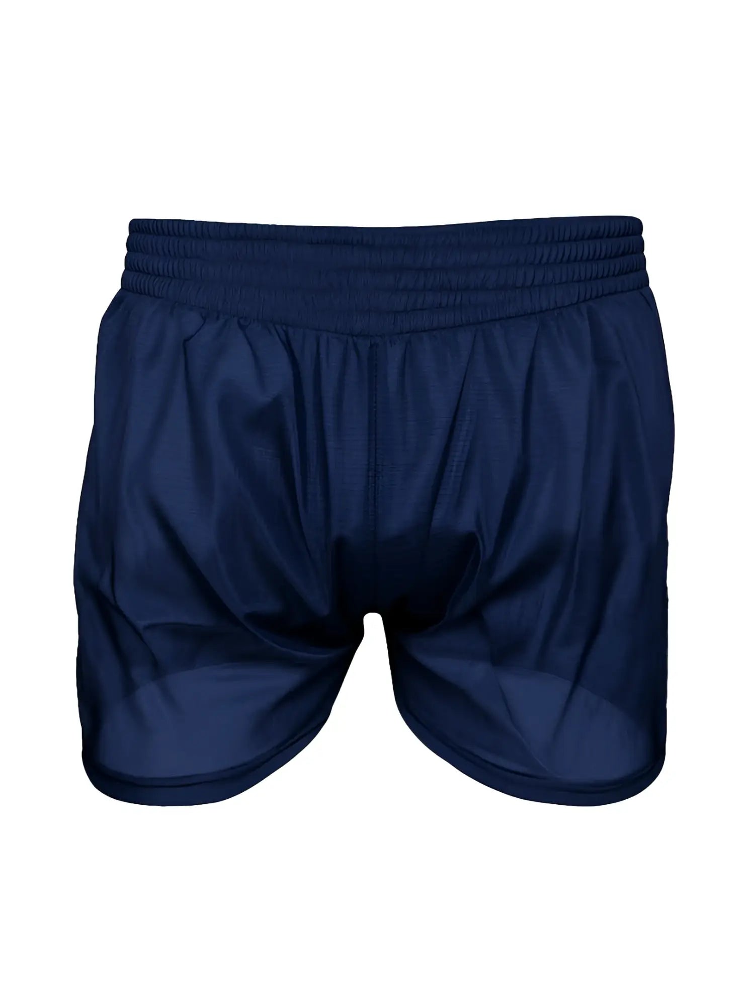 Navy blue nylon tricot boxer shorts with elastic waistband and smooth lightweight fabric for athletic use