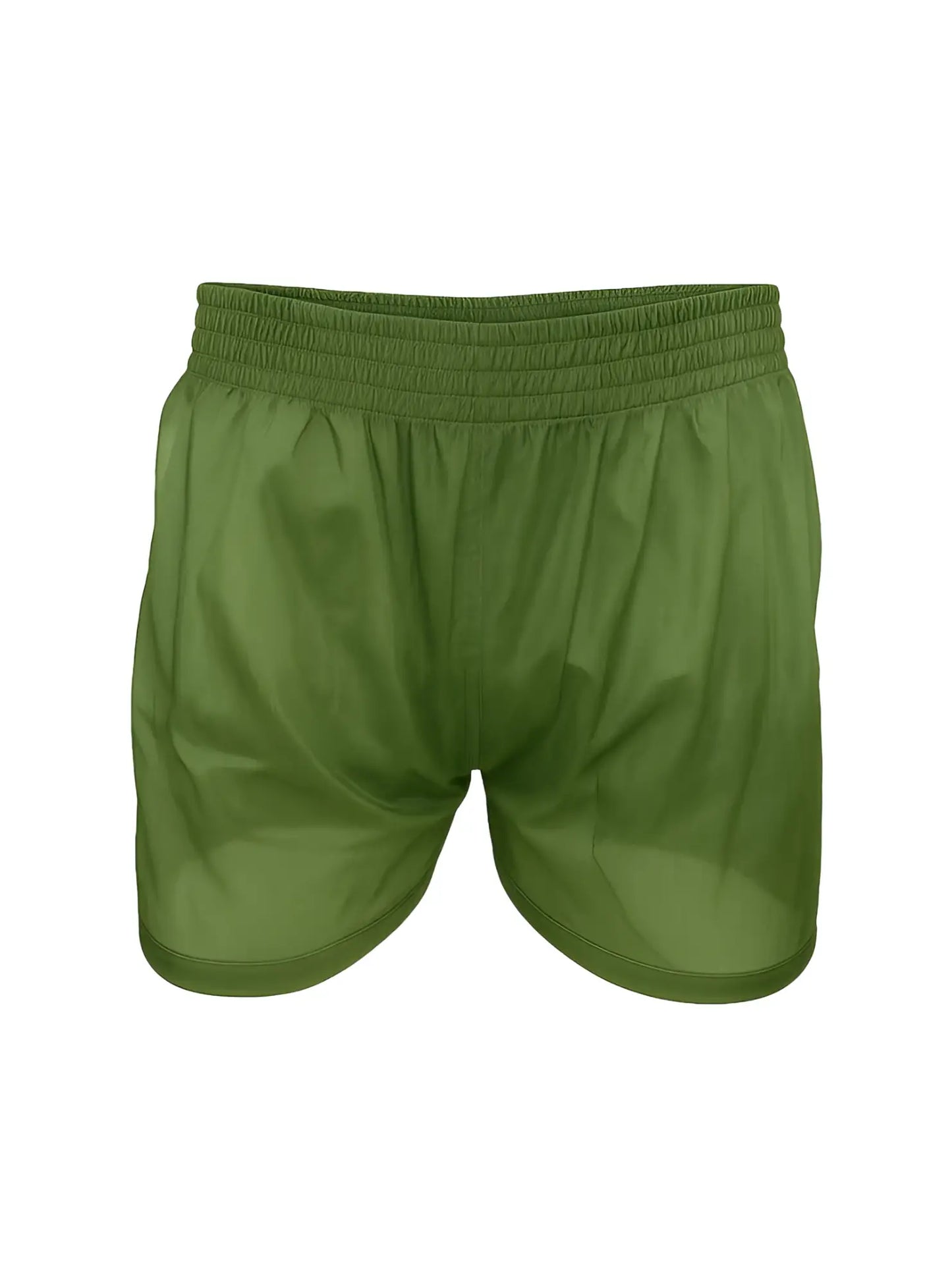 Olive green nylon tricot boxer shorts with elastic waistband made of lightweight smooth fabric for athletic use