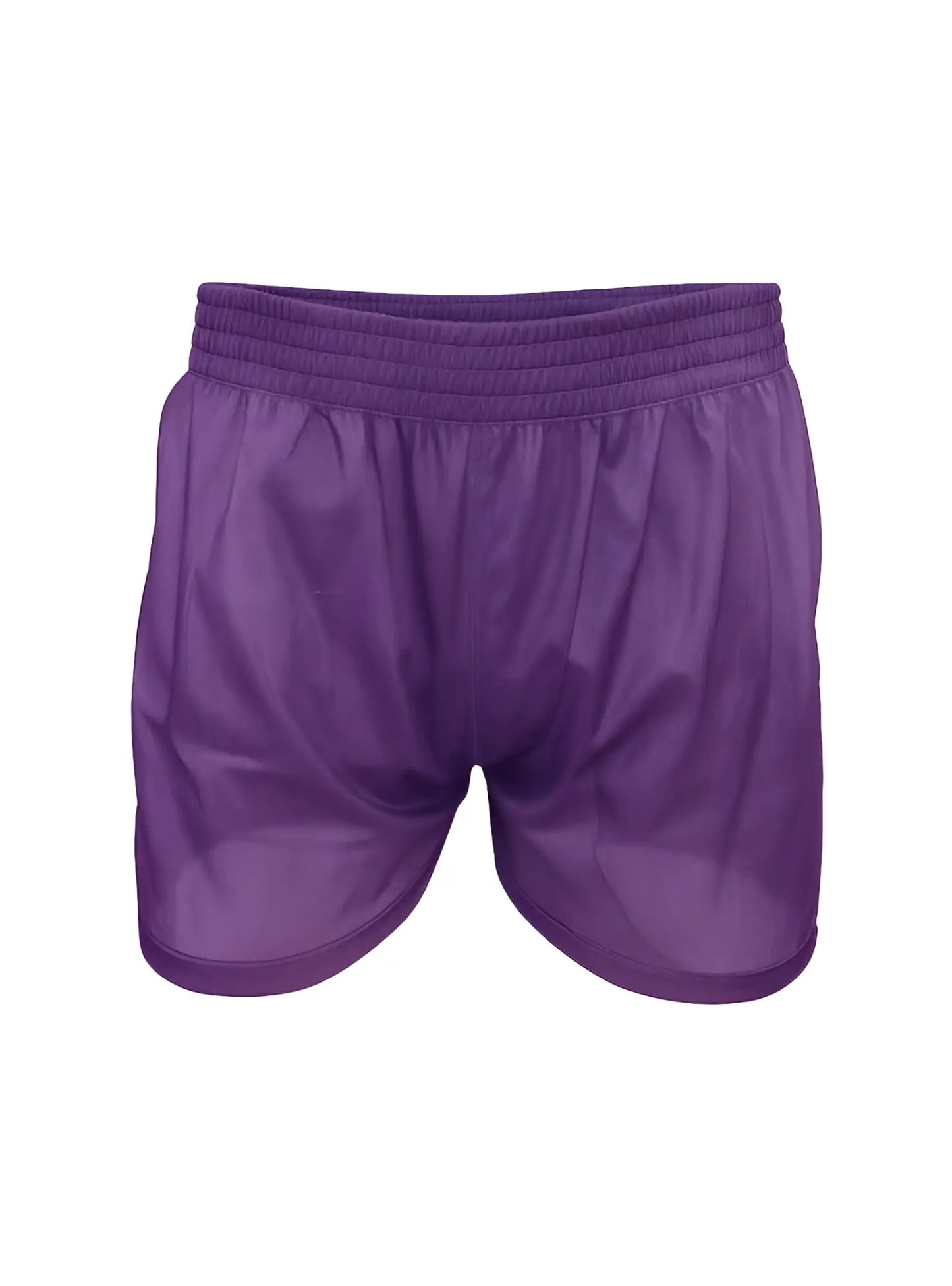 Purple nylon tricot boxer shorts with an elastic waistband and smooth shiny fabric for athletic use